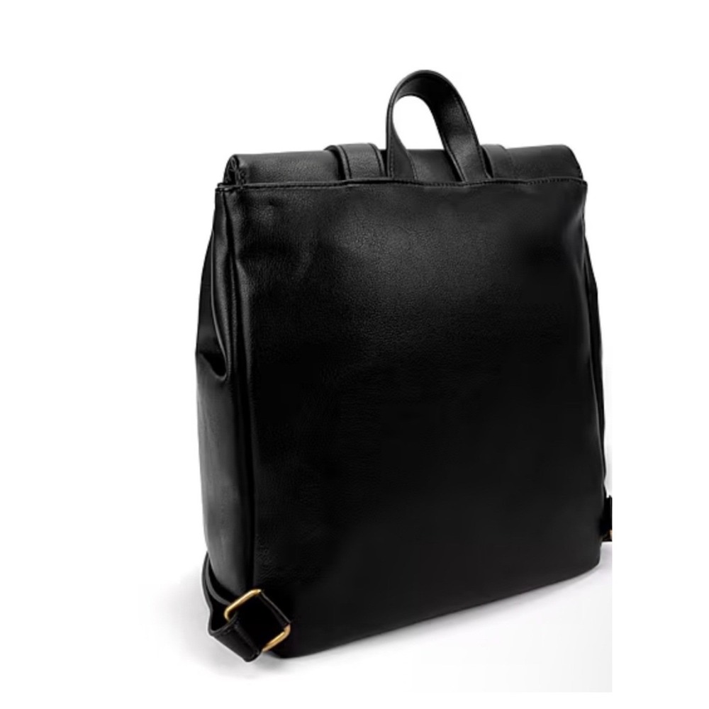 NWOT: Frye and Co Black Faux Leather Backpack Gold Hardware Snap Closure Bag - Picture 3 of 11